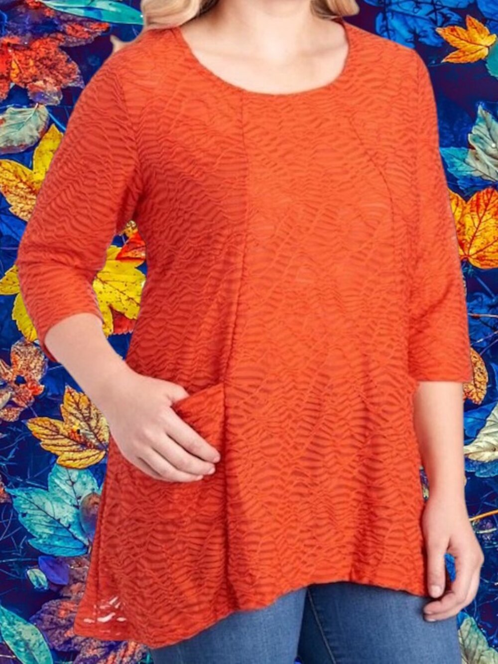 NWT Onque Casuals Tunic Top Blouse 1X Textured Knit Pockets Orange 3/4 Sleeve